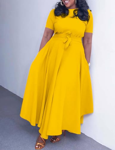 Image of Hostoyo Women Plus Size Formal A Line Maxi Dress Self Tie Waist with Pockets Elegant Round Neck Swing Long Dresses