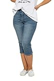 bequemer, elastischer Bund Ulla Popken bis 64, Denim-Capri, hellgewaschener Denim, 5-Pocket-Form, elastischer Bund, Gürtelschlaufen & Knopf & Zipper, Blue Denim 46 722027 92-46