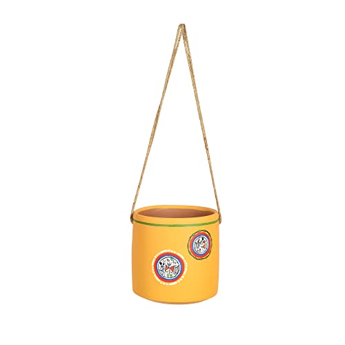 Image of AAKRITI ART CREATIONS Terracotta Hanging Planter | Yellow Warli Art Design, Matte Finish | Decorative Hanging Pot for Indoor & Outdoor Home Decor