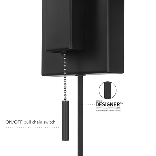 Image of Globe Electric 1-Light Matte Black Swing Arm Plug-in or Hardwire Wall Sconce with White Fabric Shade