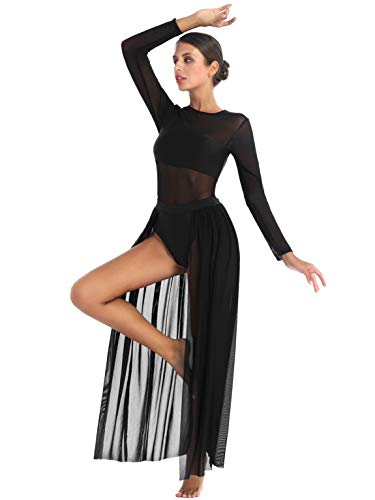 JEATHA Women\'s Shiny Sequins Lyrical Modern Contemporary Dance Dress Costume Long Flowy Slit Skirts Black Long Sleeves Medium