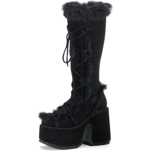 CELNEPHO Knee High Boots For Womens Side Zipper Warm Faux Fur Platform Chunky Heel Punk Goth Walking Winter Snow Boots