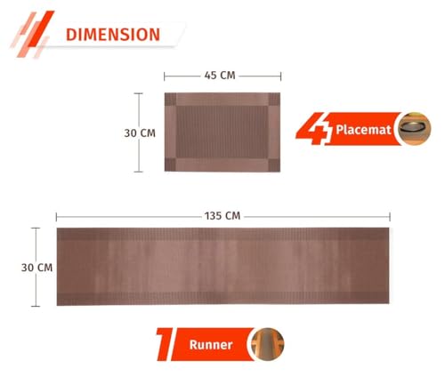 Image of PVC Placemats with Table Runner Crossweave Woven Vinyl Heat-Resistant Table Mats Non-Slip Washable for Kitchen Dinning Table (4Placemat+Runner180cm-Brown)