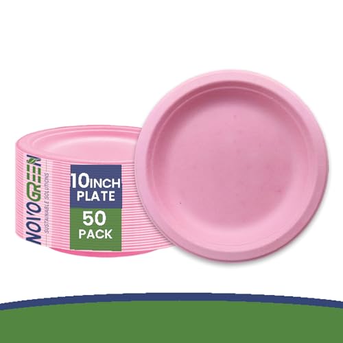 NOVOGREEN 10-Inch Bagasse Plates for Hot & Cold Food - Eco-Friendly Biodegradable Plates, Pack of 50 Strong Disposable Plates for Parties, BBQs and Outdoor Events - Durable and Compostable Pink