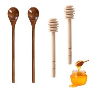 Dargkwn Lot de 4 Cuillère à Miel 20cm Long Manche, 15 cm cuillère à Miel en Bois avec Spirale, Bâtonnets en Bois Naturel pour Pots Profonds, Confiture et Sirop, Spirale de Miel, Honey
