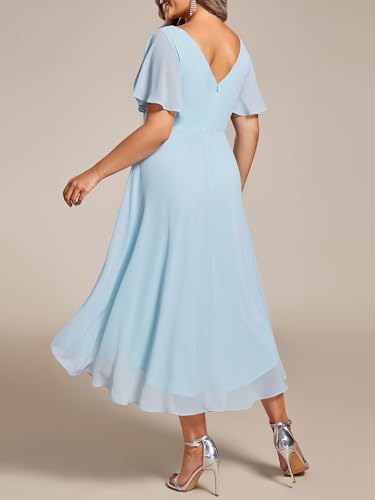 Image of Ever-Pretty Plus Summer Short Sleeves V-Neck Formal Wedding Guest Dresses for Curvy Women Chiffon Midi Cocktail Party Dress