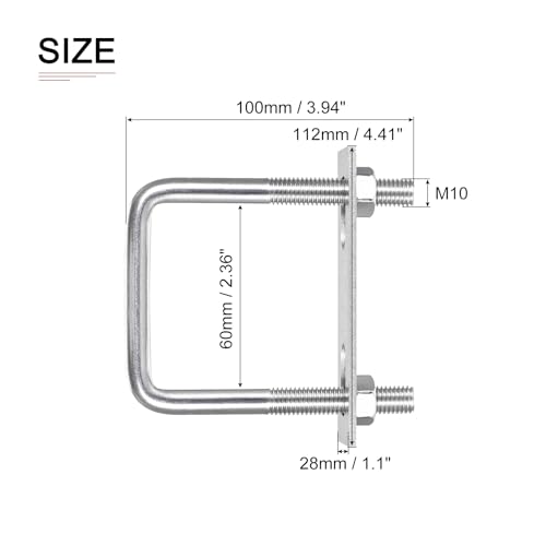 Image of DTGN M10x60x100mm(ThreadxWxL) Square U Bolt - 2Pack - Good for Trailer Pipe Replacement Parts - 304 Stainless Steel U Shape Bolts