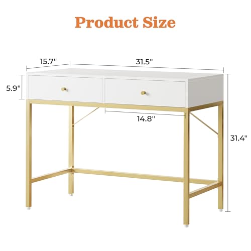 Image of SUPERJARE 31.5 inch White and Gold Desk with 2 Drawers, Modern Vanity Desk