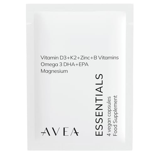 AVEA Essentials Kapseln – Essenzielles tägliches Nahrungsergänzungsmittel mit Vitaminen & Mineralstoffen. Sachets mit Vitamin D, Vitamin K2, Omega-3 (EPA & DHA), Zink & Magnesium