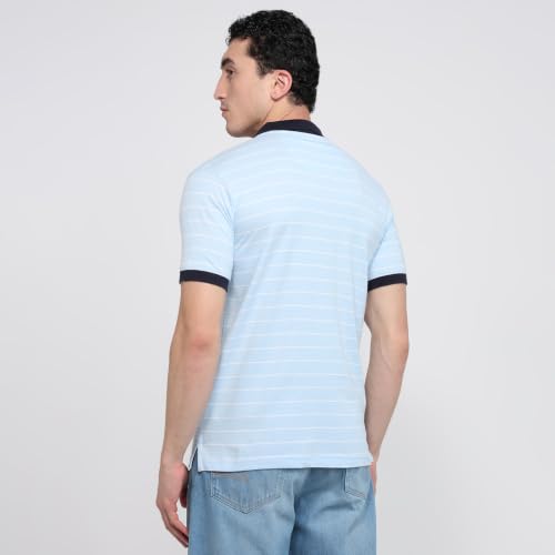 Image of Park Avenue Men Slim Fit Stripe Pattern Pure Cotton Polo Neck Half Sleeve Casual T-Shirt