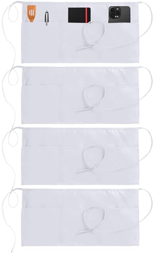 Utopia Wear 4 Pack Server Aprons with 3 Pockets Waiter and Waitress Waist Aprons for Women with Pockets Water and Oil Resistant Men Short Aprons (White)
