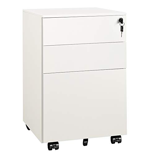 DEVAISE 3 Drawer Locking File Cabinet, Under Desk Metal Filing Cabinet for Legal/Letter/A4 File, Fully Assembled Except Wheels, White