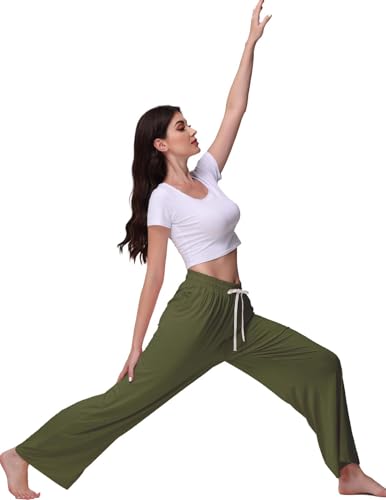 Image of Veseacky Women's Wide Leg Lounge Pants Yoga Pajamas Comfy Stretch Drawstring Pajamas Puls Size Dance Bottoms S-4XL
