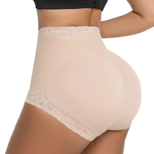 Voxshe Lace Tummy Control Shapewear Shorts Butt Lifting Panties Underwear for Women Booty Shapewear Butt Enhancer Panty (US, Alpha, X-Large, Regular, Regular, Beige)