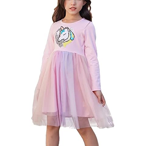 Flypigs Girls Dresses Unicorn Princess Dress Sequin Rainbow Tulle Cotton Wedding Birthday Party Bridesmaid Pageant Dresses Kids Pink 8-9 Years Cover
