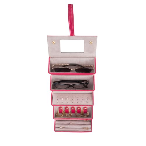 Image of Brouk & Co Leah 5 Eyewear & Jewelry Case - Pebbled Vegan Leather, Foldable Case, Snap Closure, Hanging Loop, Interior Mirror, 5 Compartments: Sunglasses and Jewelry (Fuchsia)