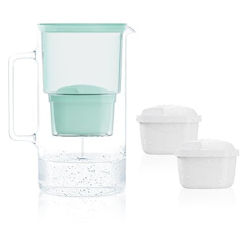 Wessper Carafe Filtrante en Verre avec deux Filtres pour Carafes, Compatibles avec Brita Maxtra, Brita Maxtra+, Grande capacité 3 L, Kit Carafe + 2 cartouches- Menthe