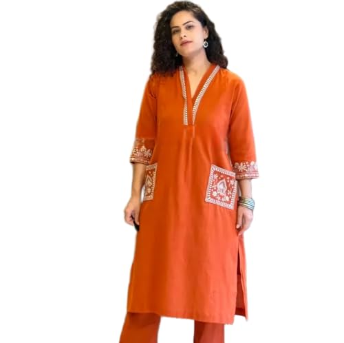 Image of Womens Cotton Slub 3 /4 Sleeves V Neck Co-Ord Set Featuring Floral Print Design On The Hem of The Sleeves and On The Pockets 2 Piece Ethnic Wear