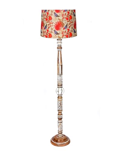Image of Homesake Royal Carving Antique White Finish Wooden Floor Lamp for Living Room | Light Decoration for Home Corner | Corner Lamp for Living Room Bedside | Floor Light Ornate Patterns Shade, Bird