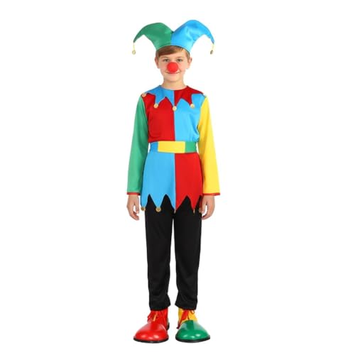 Lito Angels Costume Arlecchino Colorato con Cappello Cintura e Naso Rosso per Bambini Ragazzi Ragazze Carnevale Halloween Festa in Maschera Teatro Festa di Compleanno 9–10 Anni Taglia 140