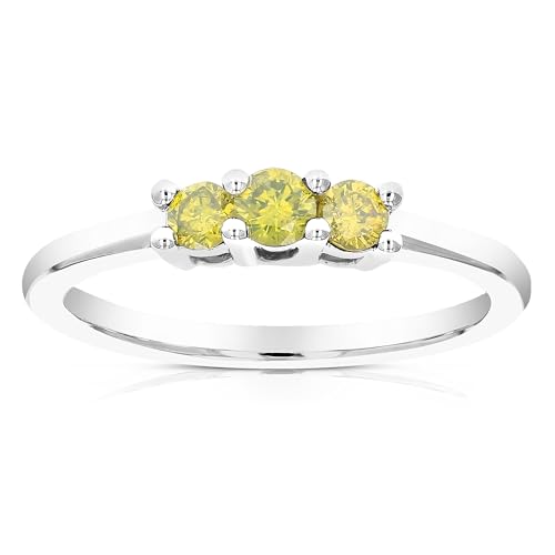1/3 cttw 3 Stone Round Yellow Diamond Engagement Ring .925 Sterling Silver Prong Set