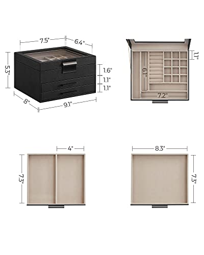 SONGMICS Jewelry Box Organizer with Glass Lid, 3-Layer Jewelry Storage, with 2 Drawers, Modern Style, 8 x 9.1 x 5.3 Inches, Graphite Black and Silver UJBC239BK