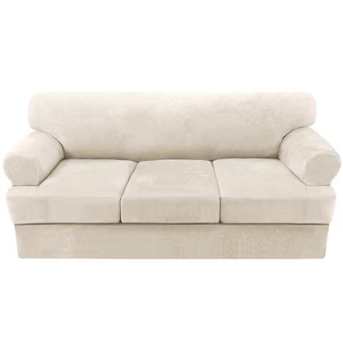 H.VERSAILTEX Sofa Cover 4 Piece T Cushion Sofa Slipcovers Couch Cover Furniture Protector Stretch T Cushion Sofa Covers for 3 Cushion Couch with 3 Individual T Cushion Covers, Ivory