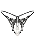 YONGHS Women's Sexy Panties Lace Thongs G-String with Pearls Ball Hollow Out Flaunting Butt Black A Large