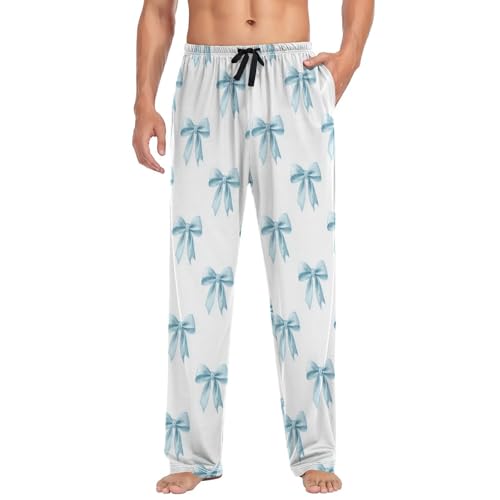 Men’s Light Blue Bows Pajama Pants with Pockets, Comfortable Lounge Sleep Bottoms#53