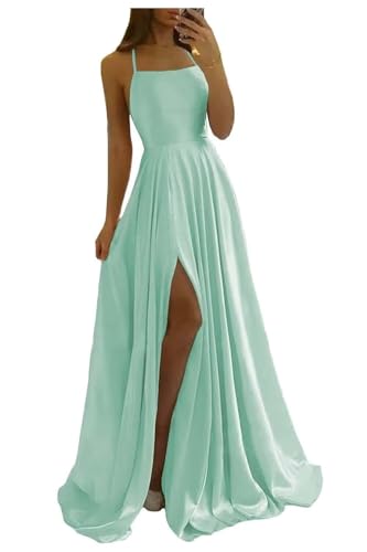 Image of Women Long Formal Dress Solid Satin Spaghetti Straps A Line Evening Cocktail Dresses with Slit