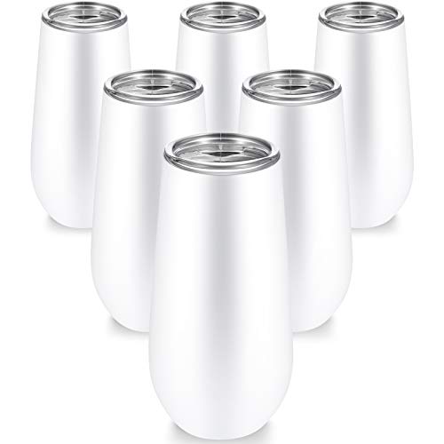 Maxdot 6 Pieces Champagne Tumbler Stemless Champagne Flutes Double Insulated Mini Champagne with Lips Stainless Steel Cocktail Cups for Coffee Wine Glass Tumbler(White,6 oz)