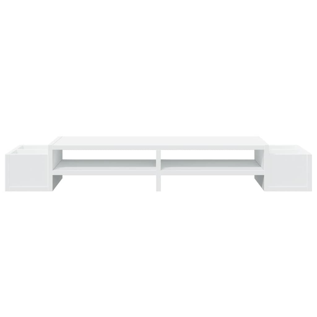 Supporto per monitor con vano portaoggetti, bianco, 100 x 27 x 15 cm, in legno, da scrivania, ergonomico, per ufficio, casa, con 4 scomparti e portata 30 kg