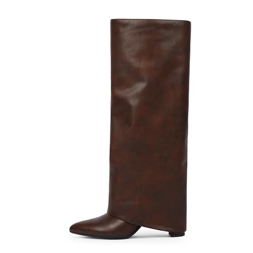 Image of Knee High Boots Women Fold Over Boots Chunky Heel Pointed Toe Tall Boots | Fashion Slouchy Boots,Side Zipper Shark Boots,Fall Spring Winter Fashion Dress Tall Boots,Evening Bridal office Long Boots