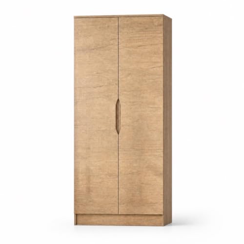 Image of FWStyle Luno 2 Door Wardrobe – Oak Effect Modern Bedroom Storage with Hanging Rail & Shelf – Scratch-Resistant Matt Finish