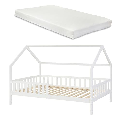 [en.casa] Kinderbett Ydre Hausbett mit Matratze Weiß 120 x 200 cm Holzbett mit Rausfallschutz und Lattenrost 2 Montagearten Bodenbett Hochbett mit Stauraum Jugendbett