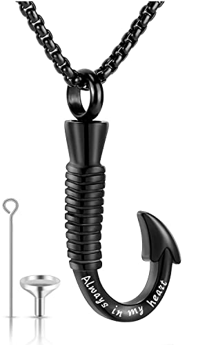 YOUFENG Fishing Hook Urn Necklace for Ashes Stainless Steel Cremation Jewelry Always in My Heart Ashes Necklaces Memorial Keepsake for Men