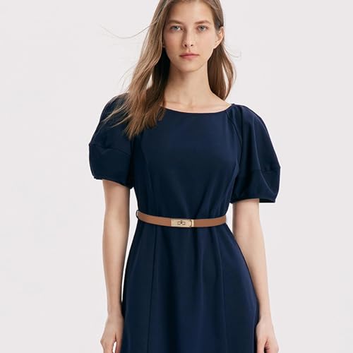 Image of Women's Fashion Classic Metal Buckle Leather Belt with Jeans Dress