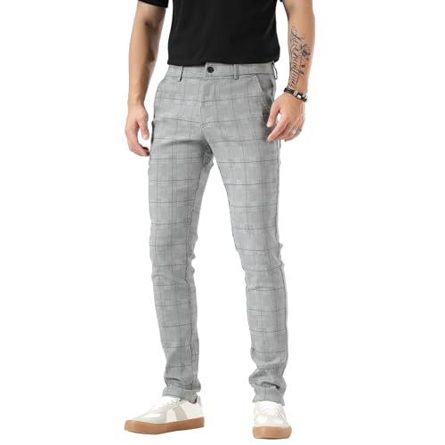 Plaid&Plain Men's Plaid Pants Skinny Dress Pants for Men Skinny Chino Pants Men 7301 Plaid-1-36X34