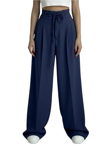 Image of Aahwan OffWhite Solid High Fabric Belt Waist Straight Korean Loose Pleated Wide Leg Trouser for Women's & Girl's