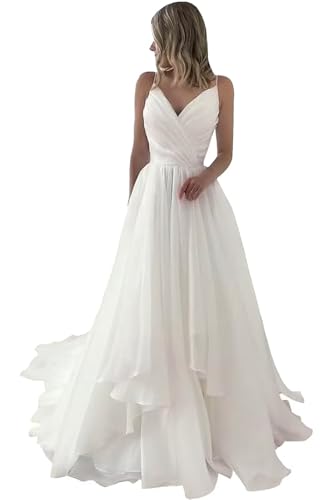 A Line Chiffon Wedding Dresses for Bride Spaghetti Strap Smiple Floor Length Bridal Dresses for Bride Ivory Wedding Gowns for Women US14