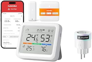 SwitchBot Plug Mini Matter-fähig mit Leistungsüberwachung & SwitchBot Wlan Wetterstation Funk mit Außensensor, Smart Home Set