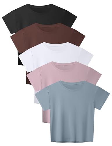 HOPLYNN 5 Pack Crop Top T Shirts for Women Workout Gym Athletic Running Yoga Casual Short Sleeve...