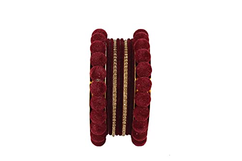 Image of NMII Stylish Metal with Golden Zircon Stone & Velvet Balls Bangles Set For Women and Girls | Fancy Designer Bangles | Short Velvet Chuda Set | Women's Fashion Jewellery