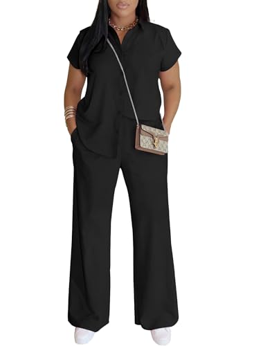 Ulovmi Women's Summer 2 Piece Outfits lounge Short Sleeve Button Down Crop Top Wide Leg Long pants sets Black XL