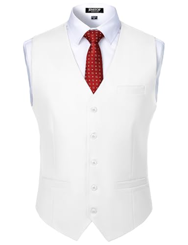 JEMITOP Mens Classic Slim Fit Dress Vest Formal Wedding Prom Business Tuxedo Suit Vest Waistcoat with Pocket White L