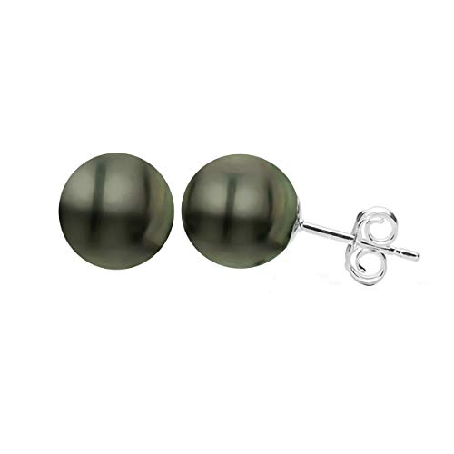 14K White Gold Black Cultured Tahitian Pearl Earrings Stud 9-9.5mm AAA High Luster