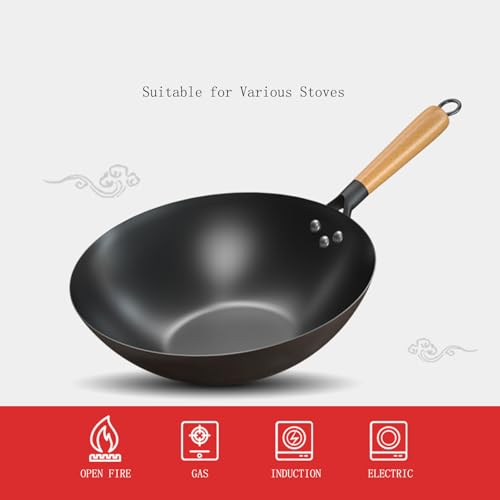 Wok de hierro tradicional con mango de madera 30cm miniatura 4