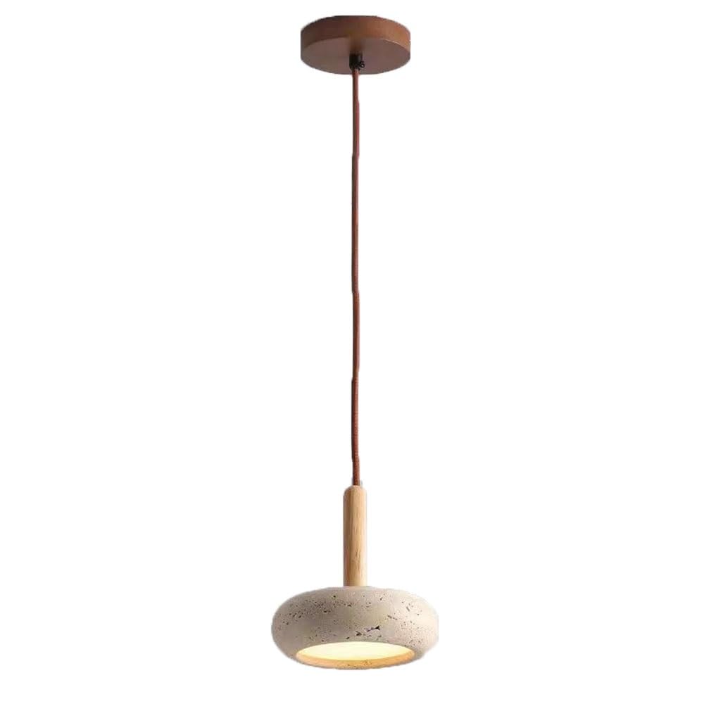 FEITENGDA Japanese Style Travertine Pendant Light Round Stone Shade Ceiling Hanging Lamp Nordic Wood Accent Bedside Chandelier for Living Room Dining Room Kitchen Island