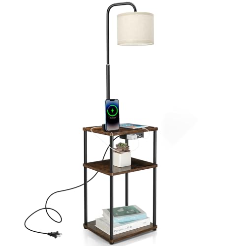 Hitish Lámpara de pie con mesa, lámpara de mesa auxiliar rústica con puerto de carga USB, toma de corriente y estantes, luz de lectura de mesa auxiliar con temperaturas de color ajustables y brillo