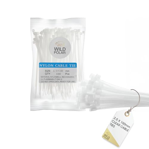 Wild Polar Strong Self-Locking Cable Ties Clear/White - Pack of 100 Nylon Small Zip Ties for Cable Management - Durable Plastic Ties for Home Office & Outdoor 100mm x 2.5mm